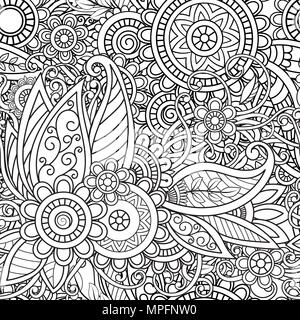 Ethnische nahtlose Muster mit Mandalas, Blumen und Blätter. Doodles floral Schwarz und Weiß Ornament. Perfekt für Tapeten, erwachsene Malbücher, Webseite Hintergrund, Oberflächenstrukturen. Stock Vektor