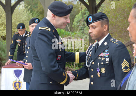 Brig. Gen. Jeffrey Johnson, Brooke Army Medical Center kommandierender General, präsentiert die Purple Heart-Medaille an Sgt. 1. Klasse Charles Graham im Rahmen einer Zeremonie in der Krieger und die Unterstützung der Familie Mitte März 3. Graham war am 19.11.2005, verwundet, als seine Einheit wurde von Indirektes Feuer Mörtel Umläufe bei einem Forward Operating Base im Irak getroffen. (U.S. Armee Foto von Robert Schilde/Freigegeben) Stockfoto