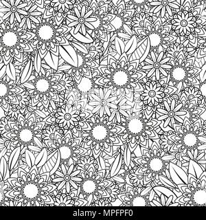 Hand nahtlose Muster mit Blätter und Blumen gezeichnet. Doodles floralen Ornament. Schwarz und Weiß dekorative Elemente. Perfekt für Tapeten, erwachsene Malbücher, Webseite Hintergrund, Oberflächenstrukturen. Stock Vektor