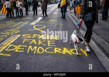 Barcelona, Katalonien, Spanien. 23 Mai, 2018. Ein graffiti auf der Erde wird mit dem Text "Schmerz Fake Demokratie gesehen.''. Hunderte von Menschen auf die Strasse von Barcelona unternommen haben, um die Nachfrage der Freiheit der Meinungsäußerung und die Solidarität mit den mallorquinischen Rapper als Valtonyc, der Morgen inhaftiert werden wegen Beleidigung des spanischen Krone. Valtonyc aus Spanien geflohen waren, Asyl in Belgien Minuten vor dem Protest auf Anfrage bekannt. Credit: Paco Freire/SOPA Images/ZUMA Draht/Alamy leben Nachrichten Stockfoto