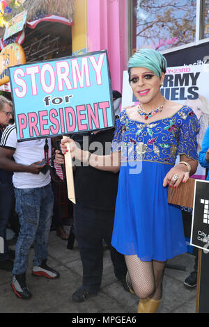 West Hollywood, Kalifornien, USA. 23 Mai, 2018. Künstler und Medien Persönlichkeit Sham Ibrahim enthält die Zeichen für Präsident tormy' an, bei dem stürmischen Daniels mit einem 'Stormy Daniels Tag "Verkündigung und ein Schlüssel zur Stadt von West Hollywood, Kalifornien bei Chi Chi LaRue's in West Hollywood, Kalifornien geehrt wird. Credit: Sheri Determan/Alamy leben Nachrichten Stockfoto