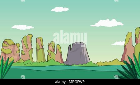 Cartoon Natur Landschaft mit Bergen und Himmel Hintergrund Vector Illustration. Frühling Landschaft, vector Hintergrund Stock Vektor