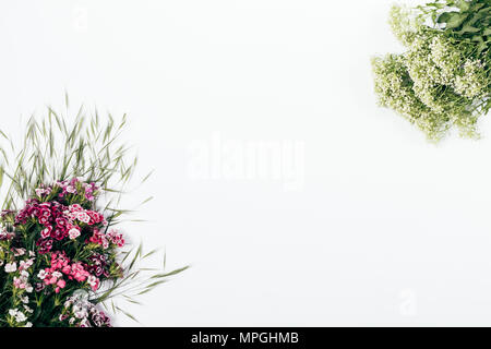 Einfache floral flach Anordnung auf weißem Hintergrund mit kopieren. Grenze Ecke Rahmen von Blumen und wildes Gras mit leeren. Stockfoto