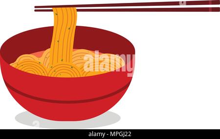 Nudeln mit roten Schüssel Vektor. Ramen japanische Nudelsuppe. Rot Schüssel Nudeln Suppe mit Stäbchen Stock Vektor