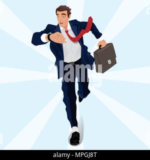 Junge Unternehmer oder Manager mit Portfolio läuft nach vorne, mit Blick auf seine Armbanduhr. Vorderseite anzeigen. Spät- oder Delay-Konzept. Vereinfachende realistischen Comics. Stock Vektor