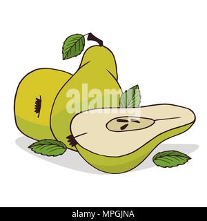 Reife Birne Obst auf weißem Hintergrund isolieren. Close up clipart mit Schatten in flachen realistische Cartoon Stil. Symbol Hand gezeichnet Stock Vektor