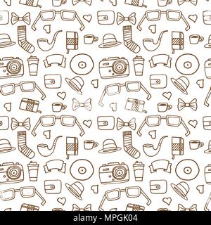 Nahtlose Hipster Muster in der Farbe Weiß mit Retro und Vintage Symbole. Moderne modischen Hintergrund mit einem braunen Strich. Cartoon Hand zeichnen Stil Stock Vektor