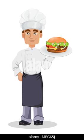 Stattliche Baker in professionellen einheitliche und Küchenchef hat Holding leckere Cheeseburger. Fröhliche cartoon Charakter. Vector Illustration auf weißem Hintergrund. Stock Vektor