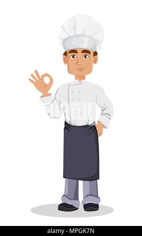 Stattliche Baker in professionellen einheitliche und Küchenchef hat mit "Ok". Fröhliche cartoon Charakter. Vector Illustration auf weißem Hintergrund. Stock Vektor