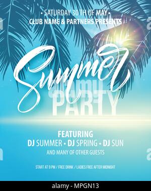Summer Party Poster. Palm Leaf und das Meer im Hintergrund. Vector Illustration Stock Vektor
