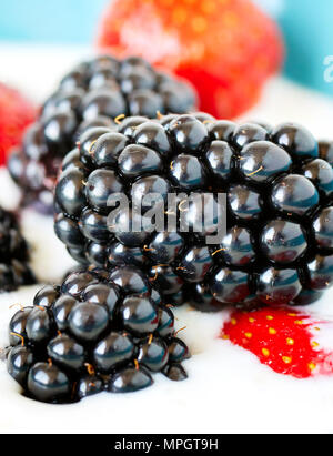 In der Nähe Bild von Brombeeren, Erdbeeren im Joghurt, geringe Tiefenschärfe. Stockfoto