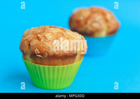 Muffins in Silikon Dosen auf einem blauen Hintergrund Stockfoto