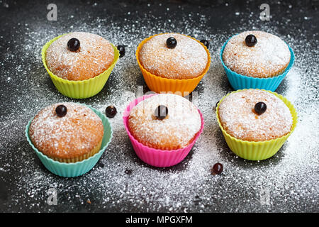 Muffins mit Schwarze Johannisbeere in Silikon Formen bestreut mit Puderzucker Stockfoto