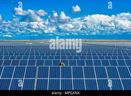 Ein Mann prüft die Sonnenkollektoren auf einem Solarpark in Südafrika Stockfoto