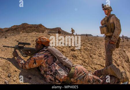 RABKUT, Oman (Feb. 19, 2017) US-Marines mit Firma A, Bataillon Landung Team 1 Mrd., 4 Marines, 11 Marine Expeditionary Unit (MEU), führen Sie einen Squad firing Bohren mit der königlichen Armee von Oman Soldaten während der Übung Meer Soldat, 24.02.19. Squad Bohrer verwendet werden Feuer und Bewegung neben einem anderen Squad Mitglied zu unterrichten und gleichzeitig unterdrücken das Feuer auf den Feind. Meer Soldat 2017 ist eine jährliche bilaterale Übung mit der königlichen Armee von Oman durchgeführt, die die kooperative Fähigkeiten zu zeigen, und wird von den USA und Partnerstaaten der Wahrung der regionalen Stabilität zu arbeiten und Stockfoto