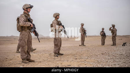 RABKUT, Oman (Feb. 19, 2017) US-Marines mit Waffen Firma, Bataillon Landung Team 1 Mrd., 4 Marines, 11 Marine Expeditionary Unit (MEU), bis die Linie auf der Schusslinie für eine kurze aus dem Bereich Position Safety Officer (PSO) vor der Durchführung einer unbekannten Reichweite während der Übung Meer Soldat, 24.02.19. PSOs, koordinieren, Trainer und den Teilnehmern auf der Strecke überwachen zu pflegen, Live Aid und Brandschutz. Meer Soldat 2017 ist eine jährliche bilaterale Übung mit der königlichen Armee von Oman durchgeführt, die die kooperative Fähigkeiten zu zeigen, und wird von den USA und Partner Nationen zu arbeiten Stockfoto