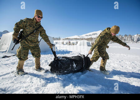 Us-Marines mit Mobilität Angriff Unternehmen, 1 Combat Engineer Battalion (CEB), 1st Marine Division einrichten Zelten während Berg Training Übung (MTX) 2-17 im Marine Corps Mountain warfare Training Center, Bridgeport, Calif., 24.02.2017. 1. CEB durchgeführt Szenario-basierte Training, dass Mobilität umfasste, Mobilität und Überlebensfähigkeit in einem Gebirgigen, schneebedeckten enironment, 1. CEB herausgefordert bekämpfen Engineering Lösungen für angetriebene Infanterie Aufgaben zu generieren. Marines vom 7. Techniker Bataillon, 1. Marine Logisitics Gruppe, 2.Bataillon, 11 Marine Re Stockfoto