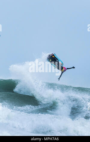 Die Freeride World Jetski Meisterschaft an den Fistral Beach in Newquay, Cornwall. Stockfoto