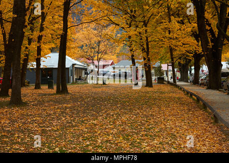 Bibliothek und die Farben des Herbstes, Arrowtown, in der Nähe von Queenstown, Otago, Südinsel, Neuseeland Stockfoto