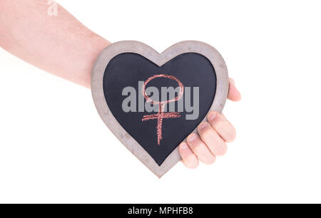 Nach Holding herzförmige Schiefertafel - Frau - isoliert auf weißem Stockfoto