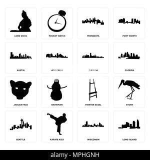 16 Einfache editierbare Ikonen wie Long Island, Wisconsin, Karate Kick, Seattle, Storch, Lord Shiva, Austin, Jaguar Gesicht, Florida kann verwendet werden für Stock Vektor