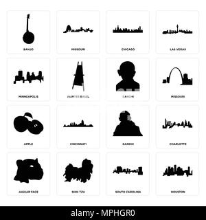 16 Einfache editierbare Symbole wie Houston, South Carolina, Shih Tzu, Jaguar Gesicht, Charlotte, Banjo, Minneapolis, Apple, Gandhi kann für m verwendet werden. Stock Vektor