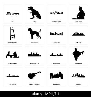 16 Einfache editierbare Symbole wie Florida, Minnesota, Bild Les Paul, Las Vegas, Indien Karte, dc, Maler Staffelei, Long Island, Charlotte kann eingesetzt werden Stock Vektor