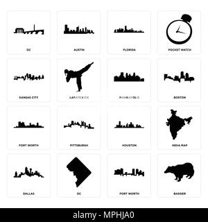 16 Einfache editierbare Ikonen wie Dachs, Fort Worth, dc, Dallas, Indien Karte, Kansas City, Minneapolis für mobile verwendet werden, die Web-UI Stock Vektor