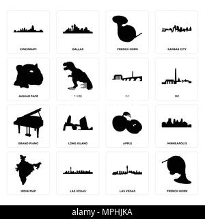 16 Einfache editierbare Ikonen wie Horn, Las Vegas, Indien Karte, Minneapolis, Cincinnati, Jaguar Gesicht, Grand Piano, dc für mobil verwendet werden können Stock Vektor