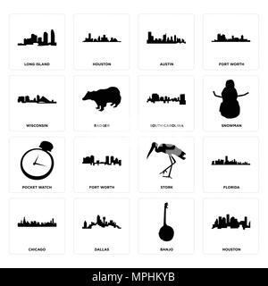 16 Einfache editierbare Ikonen wie Houston, Banjo, Dallas, Chicago, Florida, Long Island, Wisconsin, Taschenuhr, South Carolina kann verwendet werden für Stock Vektor