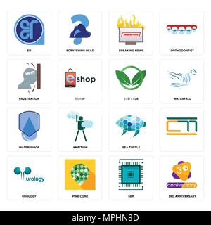 16 Einfache editierbare Ikonen wie 3-jährigen Jubiläum, Sem, Pine Cone, Urologie,, äh, Frustration, wasserdicht, Eco Club für mobile verwendet werden können, Web Stock Vektor