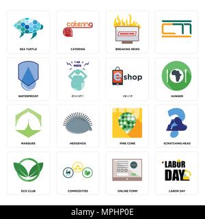 16 Einfache editierbare Ikonen wie Tag der Arbeit, online Formular, Rohstoffe, Eco Club, kratzen Kopf, Meeresschildkröten, wasserdicht, Festzelt, eshop werden kann Stock Vektor