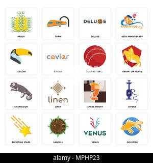 16 Einfache editierbare Ikonen wie Goldfische, Venus, Sägewerk, Shooting Stars, Shisha, Paddy, Toucan, Chamäleon, cricket Ball für mobil verwendet werden können Stock Vektor
