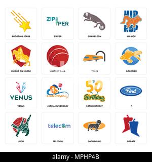 16 Einfache editierbare Ikonen wie Aussprache, Dackel, Telecom, Judo, f, Shooting Stars, Ritter auf Pferd, Venus, Zug kann für mobile, Web verwendet werden. Stock Vektor
