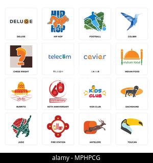 16 Einfache editierbare Ikonen wie Toucan, Antilope, Feuerwache, Judo, Dackel, deluxe, Schach Ritter, burrito, Kaviar für mobile verwendet werden, Stock Vektor