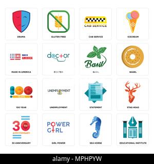 16 Einfache editierbare Ikonen wie pädagogische Institut, Sea horse, Girl Power, 30-jähriges Jubiläum, Hirschkopf, Drama, in Amerika, 100 Jahre, Bas Stock Vektor