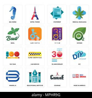 16 Einfache editierbare Ikonen wie in Amerika, Mut gemacht, pädagogische Institut, minimal b, DIY, Sea horse, Basilikum, 100 Jahre, 30 Jahr werden uns Stock Vektor