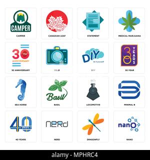 16 Einfache editierbare Ikonen wie Nano, Libelle, Nerd, 40 Jahre, minimale b, Wohnmobil, 30. Jahrestag, Seepferdchen, Diy für mobile verwendet werden können, Web Stock Vektor
