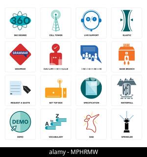 16 Einfache editierbare Symbole wie z.b. Sprinkler, dab, Wortschatz, Demo, Wasserfall, 360 Grad, Grammatik, ein Angebot anfordern, Diskussionsforum können verwendet werden Stock Vektor