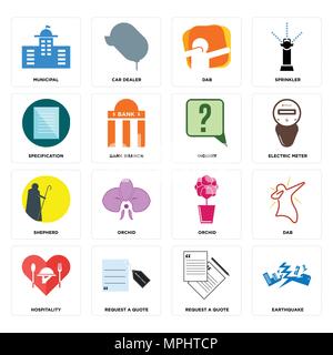 16 Einfache editierbare Ikonen wie Erdbeben, fordern Sie einen Kostenvoranschlag an, Gastfreundschaft, dab, kommunale, Spezifikation, Hirte, Anfrage kann für mob verwendet werden. Stock Vektor