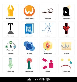 16 Einfache editierbare Symbole wie Kosten Og, Berater, Penetration, Tracker, gefalteten Händen, Concierge, Hirte, Telecom für mobile verwendet werden können, Stock Vektor