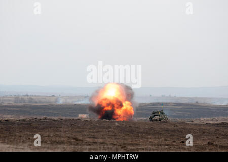 Ukrainische Soldaten der 1.Bataillon, 28 Mechanisierte Infanteriebrigade Abdeckung hinter dem BMP-2, während mit Sprengstoff einen Draht Hindernis während einer Live-fire Übung in der yavoriv Combat Training Center auf der internationalen Friedenssicherung und Security Center, in der Nähe von yavoriv, der Ukraine, der am 16. März. Die live-fire Übung ist Teil eines Blockes der Anweisung von ukrainischen Combat Training Center Personal unterrichtet, die durch Mitglieder des Gemeinsamen multinationalen Ausbildung Group-Ukraine betreut werden. JMTG-U ist eine Koalition aus servicemembers aus Kanada, Dänemark, Litauen, Polen, das Vereinigte Stockfoto