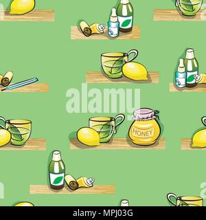 Abbildung: Kräutertee, Zitrone, Thermometer, Honig, Medizin, Hustensirup und Salbe in einem Schlauch. für Erkältungen. Nahtlose Muster. Stock Vektor
