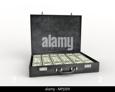 3D-Render aus schwarzem Leder Aktentasche gefüllt mit einem Hundert-euro-Scheine auf weißem Hintergrund Stockfoto