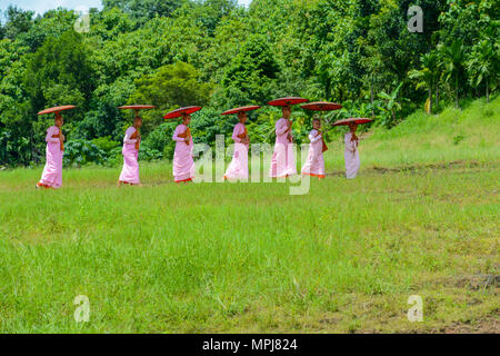 Kanchanaburi, Thailand - 24. Juli 2016: Gruppe von Mon Nonnen in rosa Roben holding Regenschirm auf dem Weg zum zerstörten Buddhistischen Kirche in Kanchanaburi, Tha Stockfoto