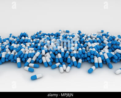 Medikament Medizin. Pharmazeutische Industrie. Haufen blaue und weiße runde Kapsel Pillen. weißen Hintergrund 3d Illustration Stockfoto