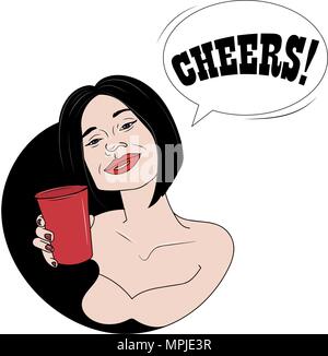 Vector Illustration. Schöne Frau trinkt Wein. Frau sagt Prost Stock Vektor