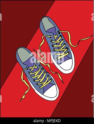 Vector Illustration. blaue Turnschuhe auf rotem Hintergrund Stock Vektor