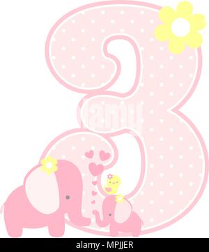 Nummer 3 mit niedlichen Elefanten und Little Baby Elefant isoliert auf Weiss. Kann für Muttertag Karte, Baby Geburt Ansagen, Kinderzimmer Deko verwendet werden. Stock Vektor