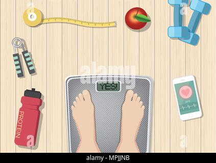 Sport und gesunde Gerätekonzept auf hölzernen Hintergrund, gesunde Ernährung und Wellness Banner, Objekte auf einem Holzboden, Ansicht von oben. Stock Vektor